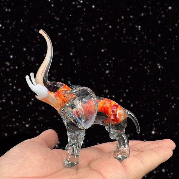 Hand Blown Art Glass Elephant Figurine Paperweight Hand Made Clear Orange 5”Tall - Picture 1 of 15